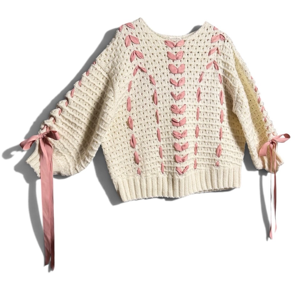 For Love & Lemons Laurel Sweater XS Ivory Pink Ribbon Coquette Balletcore Knit